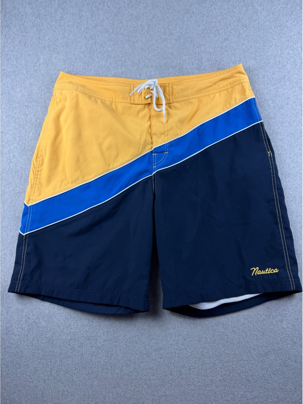 Nautica Mens 36W Board Shorts Colorblock Yellow Blue Navy Swim Trunks Y2K